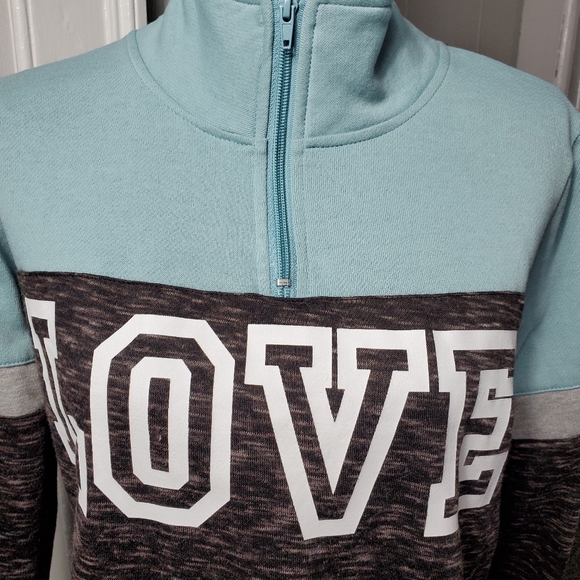 TEAL, WHITE, & BLACK & BROWN BLENDED PULLOVER "LOVE" 1/4 ZIP PULLOVER SWEATSHIRT - Picture 2 of 15